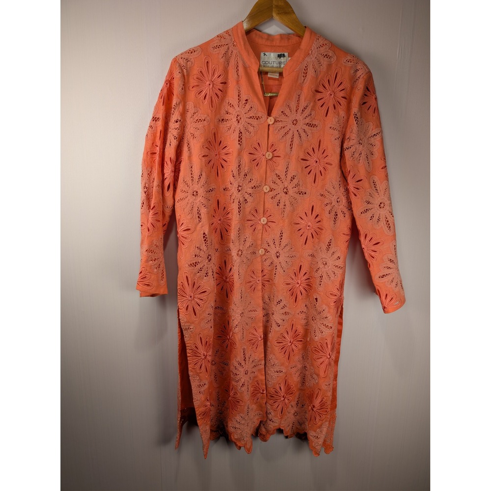 Lily & Taylor Couture Coral Orange 100% Linen Eyelet Floral Tunic Jacket Size 12
